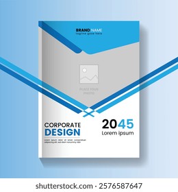 A professional, clean, and modern brochure or cover template design featuring a bold blue color scheme on a white background.