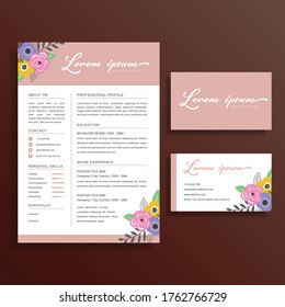 Professional Clean Simple Resume CV And Business Card Template Feminine Design Set