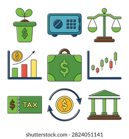 A professional and clean vector icon set featuring essential business, finance, and investment concepts isolated on a solid white background. The collection contains nine beautifully designed linear icons rendered in a modern green and blue color scheme, including a money growth plant, security safe vault, scales of justice, bar chart, financial briefcase, candlestick stock chart, tax voucher, currency exchange arrows, and a classic bank building. This high-utility graphic bundle is an exceptional resource for developing financial mobile apps, corporate website user interfaces, investment presentation slides, and accounting blog visuals.#FinanceIcons #BusinessVectorSet #InvestmentGraphics #BankingIcons #FinancialGrowth #StockMarketChart #TaxVector #LawAndJustice #CorporateDesignAsset #AccountingClipart