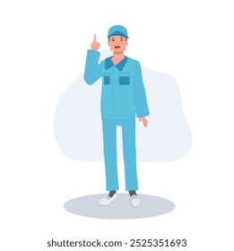 Professional Cleaner in Blue Uniform Offering Guidance on Sanitation and Maintenance Routines. Providing Cleaning Tips