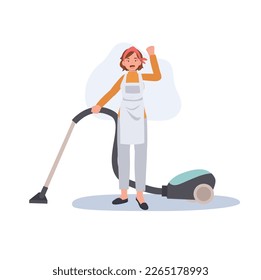 Professioneller Reiniger. Zuversichtliche Lady arbeitet als Haushälterin mit einem Vakuum. Flache Vektorgrafik