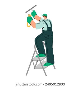 Professional cleaner with detergent, scraper washing window. Man on ladder makes cleanup, housework. People work in housekeeping business. Cleaning service. Flat isolated vector illustration on white