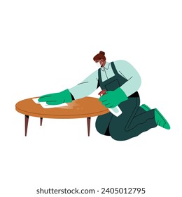 Professional cleaner does wet cleanup with detergent. Housekeeping worker wipes dust, cleans furniture. People work in cleaning service business. Flat isolated vector illustration on white background