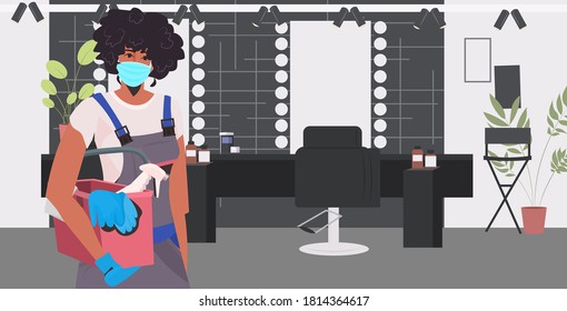 professional cleaner female janitor cleaning and disinfecting floor to prevent coronavirus pandemic modern beauty salon interior horizontal portrait vector illustration