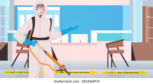 Professional Cleaner In Hazmat Suit Janitor Cleaning And Disinfecting Coronavirus Cells Hospital Corridor Interior Horizontal Portrait Vector Illustration