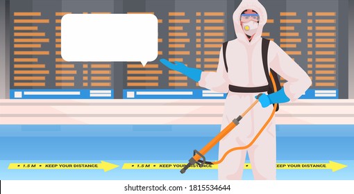 professional cleaner in hazmat suit janitor cleaning and disinfecting floor to prevent coronavirus pandemic airport terminal interior horizontal portrait vector illustration