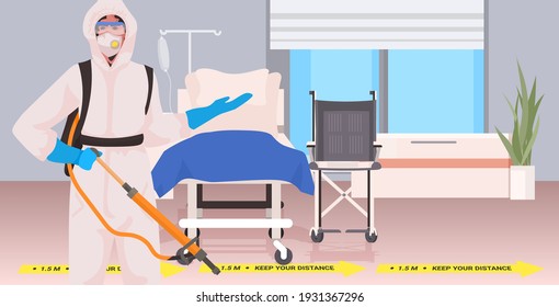 Professional Cleaner In Hazmat Suit Janitor Cleaning And Disinfecting Coronavirus Cells Hospital Ward Interior Horizontal Portrait Vector Illustration