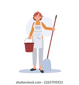 Professional Cleaner. Lady working as housekeeper with mop and bucket. Flat vector illustration