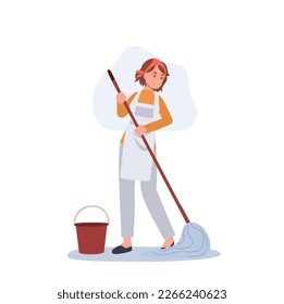 Professional Cleaner. Lady working as housekeeper is cleaning the floor by mop. Flat Vector illustration