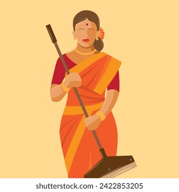 Professional Cleaner with a Mop. Vector Illustration. Indian Lady working as housekeeper keeping everything tidy and clean.