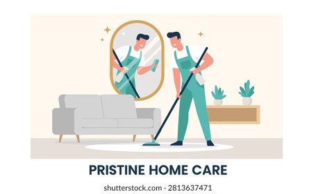 Professional cleaner mopping the carpet in a modern living room with pristine home care text at the bottom.