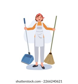 Professional Cleaner. people Character of Lady working as housekeeper is holding dustpan and broom. Flat vector illustration