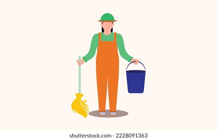 Professional Cleaner with a Sanitizing Spray and a Mop Vector Illustration. Lady working as housekeeper keeping everything tidy and clean