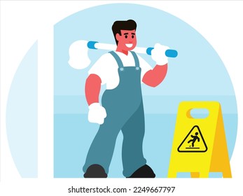 Professional cleaner in uniform with mop for washing floor next to the wet floor sign. Character for cleaning service. Vector graphics