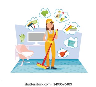 Professional Cleaner Washing Floor Flat Cartoon Vector Illustration. Janitor with Cleaning Equipment. Woman in Uniform Thinking about Supplies such as Detergents. Worker Wiping Floor with Mop.