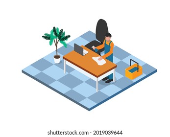 Professional cleaner wiping office desk 3d isometric vector concept for banner, website, illustration, landing page, flyer, etc.