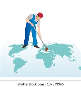 Professional cleaner wiping the world`s map with a swab