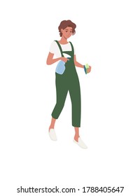 Professional cleaner woman wearing green uniform use sponge with spay cleaning process cartoon character design flat vector illustration isolated on white background