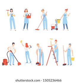 Professional Cleaners with Cleaning Equipment, Cleaning Company Staff Characters Dressed in Uniform Flat Vector Illustration