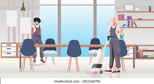 professional cleaners couple mix race janitors using cleaning equipment working together office interior full length horizontal vector illustration