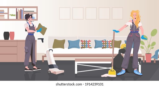 professional cleaners couple women janitors using cleaning equipment working together office interior full length horizontal vector illustration