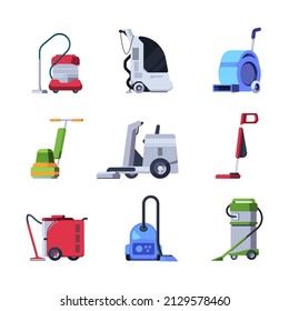 Professional cleaners. Industrial cleaning service equipment detergents for floor staff mops garish vector colored illustrations
