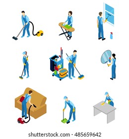 Professional cleaners isometric icons set with men and women doing different work isolated vector illustration 