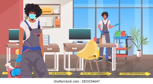 professional cleaners in masks cleaning and disinfecting floor to prevent coronavirus pandemic modern office interior horizontal vector illustration