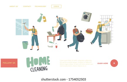 Professional Cleaners Service Work Landing Page Template. Characters in Uniform Cleaning Windows, Bathroom and Living Room. Mopping, Clean Floor, Rub, Sweeping Home. Linear People Vector Illustration