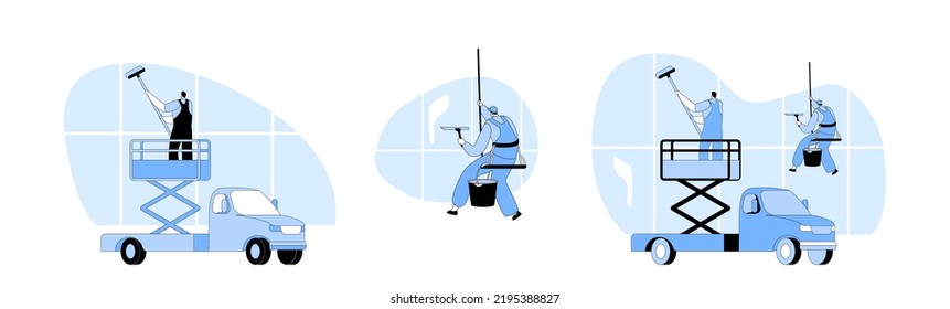 Professional Cleaners Service Work. Male and Female Characters in Uniform with Equipment Cleaning Huge Windows on Building Facade with Climbing Gears and Elevator Car. Cartoon Vector Illustration