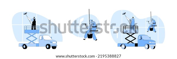Professional Cleaners Service Work. Male and
Female Characters in Uniform with Equipment Cleaning Huge Windows
on Building Facade with Climbing Gears and Elevator Car. Cartoon
Vector
Illustration
