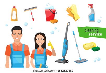 Professional cleaners team. Cleaning service employees with professional equipment. Vector set of cleaning tools.