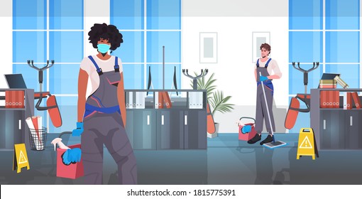 professional cleaners team mix race janitors with cleaning equipment working together office interior full length horizontal vector illustration