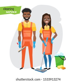 Professional cleaners team. Young black african american smiling couple are holding cleaning tools. Cleaning service employees with professional equipment