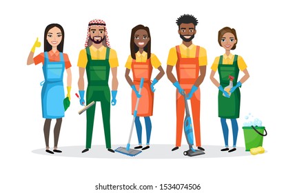 Professional cleaners team. Young multiracial smiling people are holding cleaning tools. Cleaning service employees with professional equipment
