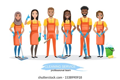 Professional cleaners team. Young multiracial smiling people are holding cleaning tools. Cleaning service employees with professional equipment