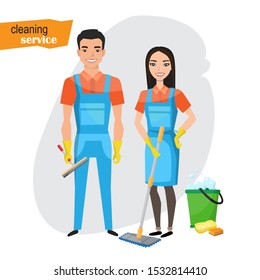 Professional cleaners team. Young smiling asian couple are holding cleaning tools. Cleaning service employees with professional equipment