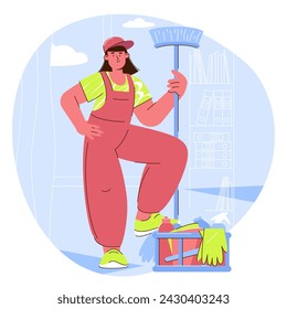 Professional cleaning characters flat vector illustration. Cartoon cleaning team washing, holding stuff, removing dust. Clean service and concept