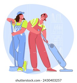 Professional cleaning characters flat vector illustration. Cartoon cleaning team washing, holding stuff, removing dust. Clean service and concept