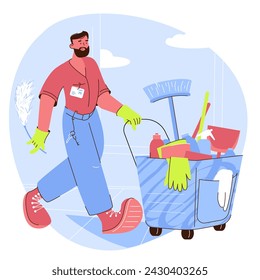 Professional cleaning characters flat vector illustration. Cartoon cleaning team washing, holding stuff, removing dust. Clean service and concept