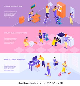 Professional cleaning company equipment services and rates 3 horizontal infographic elements isometric banners set isolated vector illustration 