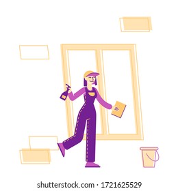 Professional Cleaning Company Worker with Equipment at Work. Female Character in Uniform Overalls Washing Window with Rag. Housekeeping Occupation. Cleaning Service Concept. Linear Vector Illustration