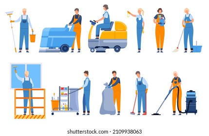 Professional cleaning company workers with equipment, vacuums and sweeper. Window washing. Characters with mop, broom and bucket vector set. Company staff dressed in uniform with tools