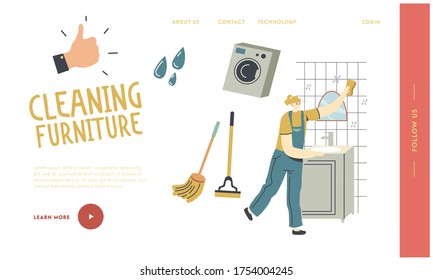 Professional Cleaning Company Working Process Landing Page Template. Woman Employee Cleaning Service, Female Character Washing and Wiping Mirror in Bathroom with Rag. Linear Vector Illustration