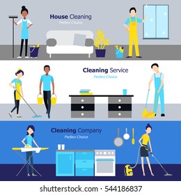Professional cleaning horizontal banners with services of companies and people in flat style vector illustration
