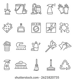 Professional cleaning and hygiene icon set featuring essential tools and symbols for housekeeping, janitorial services, and sanitation maintenance with design.