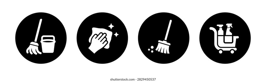 Professional cleaning icon collection featuring a broom and bucket, hand cleaning cloth, floor brush, and mobile supply cart with detergents. Ideal for housekeeping services, janitorial companies, commercial cleaning, facility management, home maintenance, hygiene materials, and cleaning business branding.