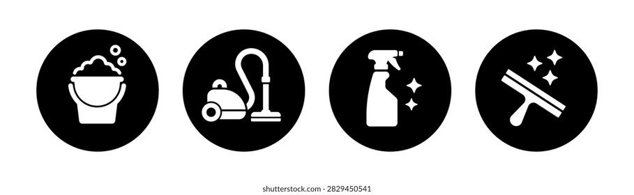Professional cleaning icon collection featuring a soapy bucket, vacuum cleaner, spray bottle, and window squeegee with sparkling details. Ideal for housekeeping services, janitorial companies, commercial cleaning, home maintenance, hygiene products, facility management, and cleaning business branding.