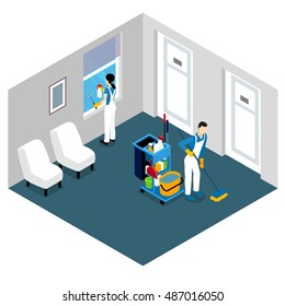 Professional Cleaning Isometric Design With Man Tidying Floor And Woman Washing Window In Office Space Vector Illustration