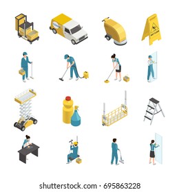 Professional cleaning isometric icons with staff in uniform, detergents and machine equipment including transport  isolated vector illustration